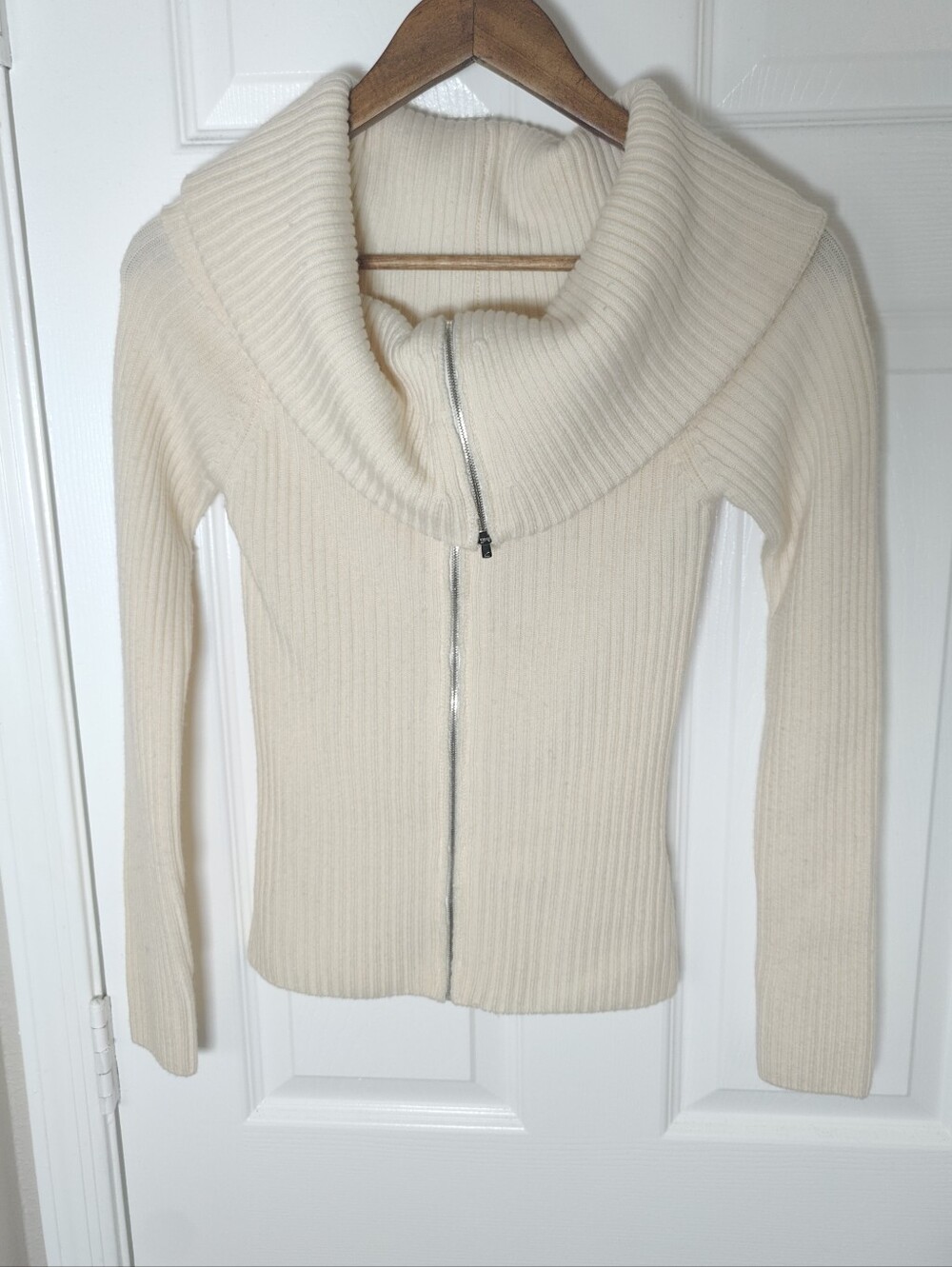 Minnie Rose Women’s Cream Wool Full Zip Cowl Neck Sweater Size S